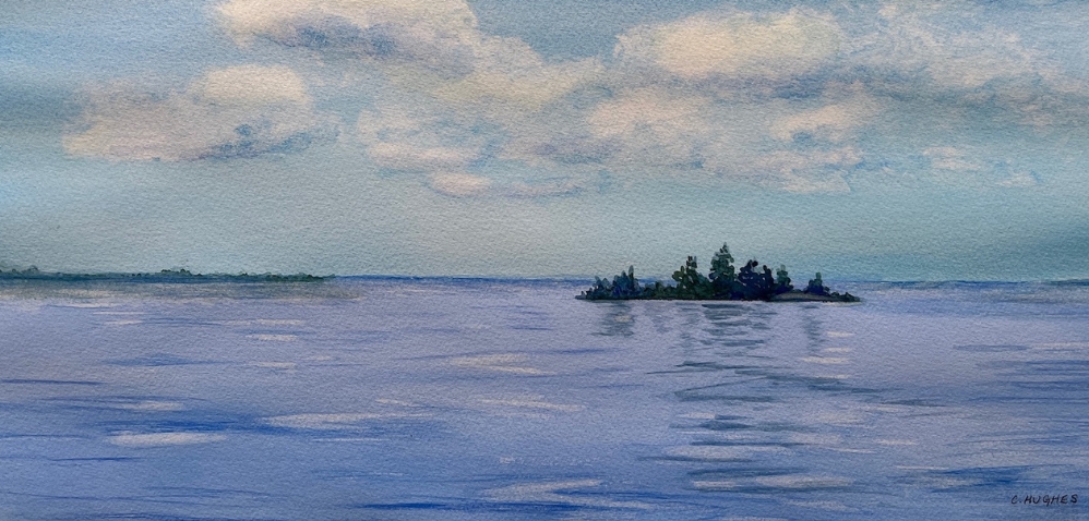 A painting of a blue lake